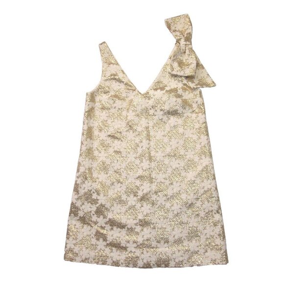 NWT Sezane Philomena in Ecru Gold Jacquard Bow A-line Mini Shift Dress 36 / US 4 - Picture 2 of 8
